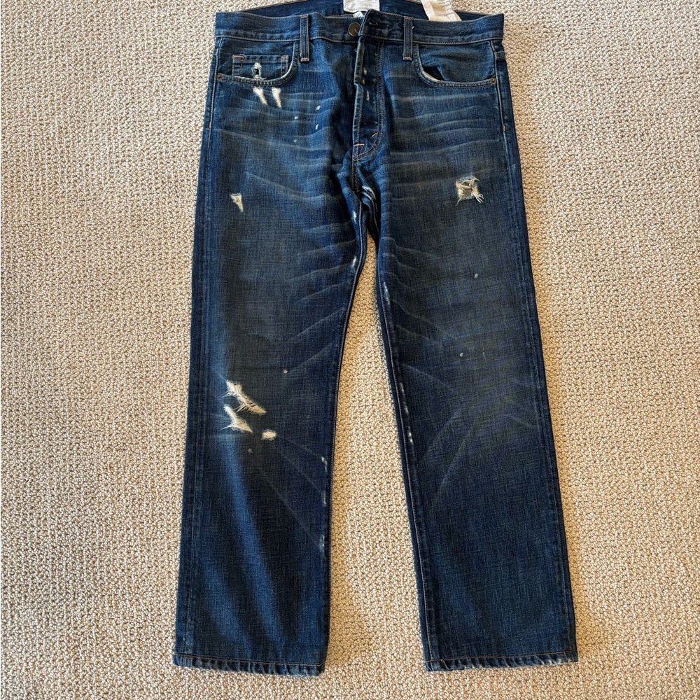 Current/Elliott Blue Straight Leg Jeans with Distressed Details